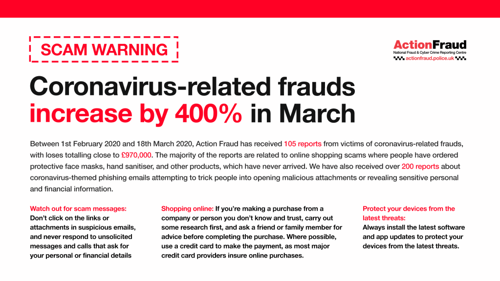 Coronavirus related frauds have increase by 400% in March, totalling loses close to £970,000. The majority relate to online shopping scams where people have ordered products that never arrived. Don't click on links or attachments in unsolicited emails, research an online company first and always protect your devices with the latest software updates.