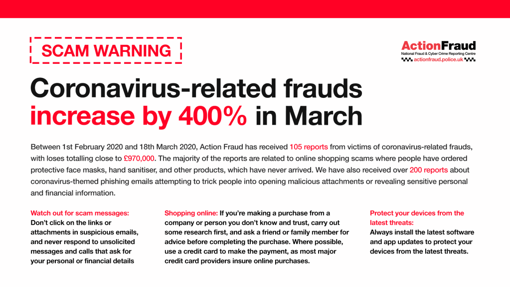 Coronavirus related frauds have increase by 400% in March, totalling loses close to £970,000. The majority relate to online shopping scams where people have ordered products that never arrived.  Don't click on links or attachments in unsolicited emails, research an online company first and always protect your devices with the latest software updates.
